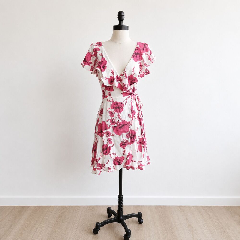 Free People French Quarter Ivory Pink Floral Wrap Mini Dress Medium Boho